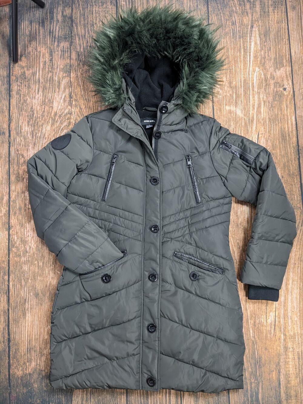 Diesel Jacket Womens Size 16 Parka Fur Lined Hood Puffer Insulated Long Coat